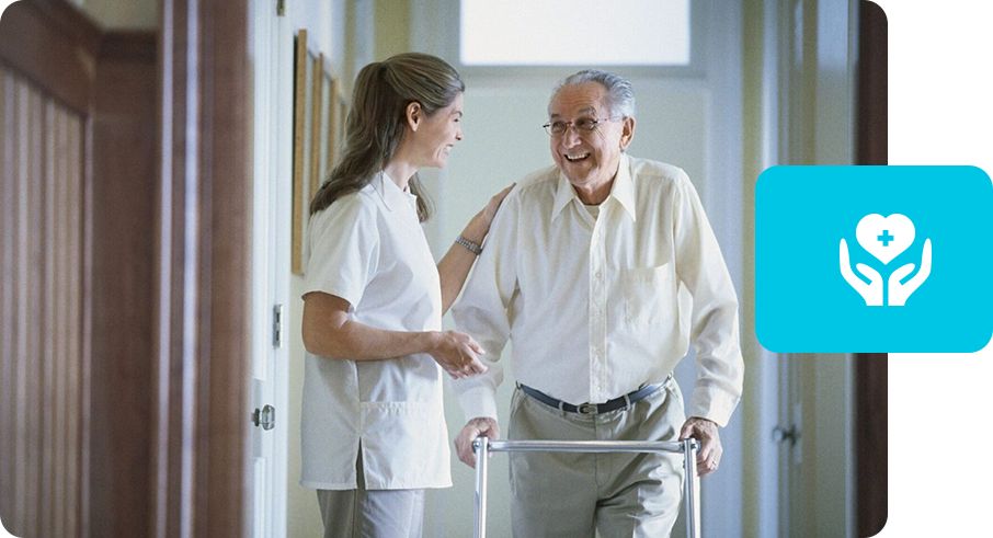 A woman helping an old man walk with a walker.